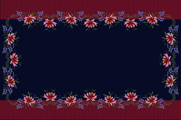 Dark blue tablecloth with striped red border framed by embroidered flowers with red and pink petals and blue little flowers on twisted branches