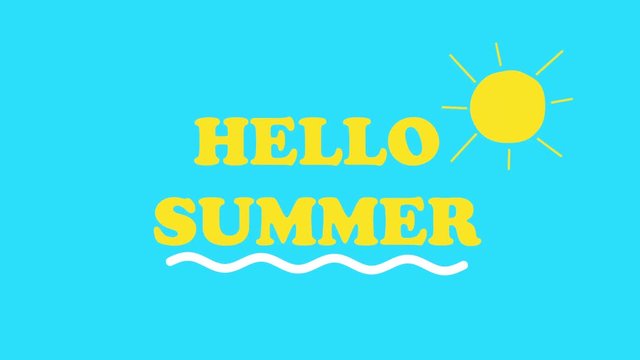 Hello Summer text and sun animated on blue background. Holiday and travel theme concept. 4k