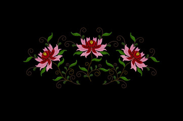 Black background with three bright embroidered stylized flowers with red and pink petals on curved branches with leaves