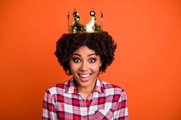 Close up photo of funny lady gold crown head famous person coronation wear casual checkered shirt...