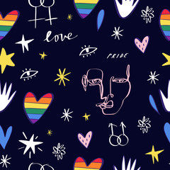 Materiał do szycia LGBT seamless pattern. Pride, love and peace lettering, rainbow hearts. Gay parade wallpaper. LGBTQ rights symbol. Background, textile, fabric print. Vector.