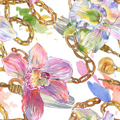 Orchid floral botanical flowers. Watercolor background illustration set. Seamless background pattern.