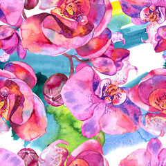 Orchid floral botanical flower. Watercolor background illustration set. Seamless background pattern.