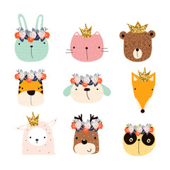 Set of cute animals faces with crown and floral wreath. Summer fashion graphic. Vector hand drawn illustration. © bilaaa