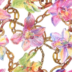 Printed roller blinds Floral element and jewels Orchid floral botanical flowers. Watercolor background illustration set. Seamless background pattern.