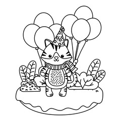 Cat cartoon with happy birthday icon design