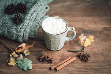 Autumn home decor. Cup of coffee, cinnamon sticks, anise stars on wooden tray. Autumn, fall concept.