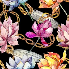 Behang Lotus bloemen botanische bloemen. Aquarel achtergrond afbeelding instellen. Naadloze achtergrondpatroon. © LIGHTFIELD STUDIOS