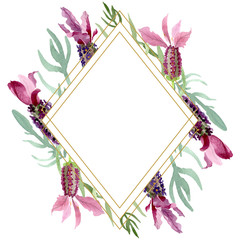 Purple lavender floral botanical flowers. Watercolor background illustration set. Frame border ornament square.