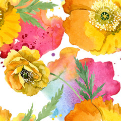 Fototapety  Żółty Mak kwiatowy kwiaty botaniczne. Zestaw ilustracji tle akwarela. Bezszwowe tło wzór.