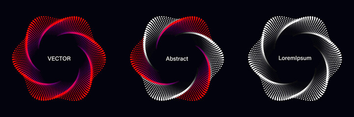 Set of Spiral Dotted Graphic Elements in Red Tones. Geometric Vector Frames on Black Background.