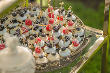 Background from a large beautiful plate of traditional french macaroon desserts with berries and fruits, filled with cream for birthday and wedding