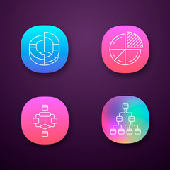 Diagrams app icons set. Planning, process flow. Statistics data visualization. Symbolic representation of information. UI/UX user interface. Web or mobile applications. Vector isolated illustrations