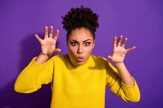 Close up photo of scary beautiful teenager scream shout boo raise hands showing palms isolated over violet background