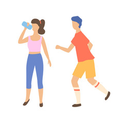 Athletic man and woman character, running man and drinking woman in sportswear, portrait and side view of sporty people, healthy activity, runner vector