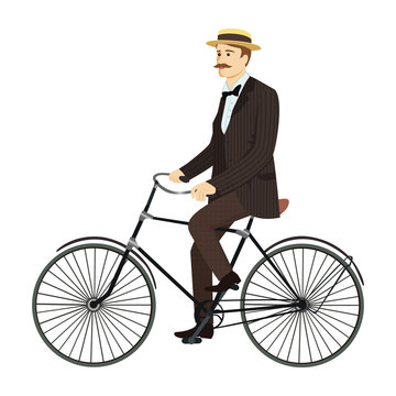 Man on retro vintage old bicycle gentleman vector