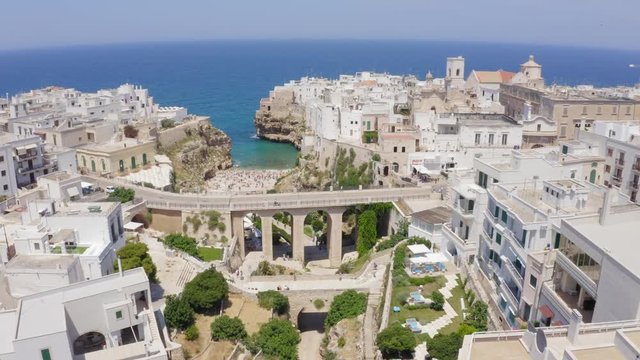 Aerial view of Polignano a Mare near Bari in Puglia, Italy, Europe. Drone shot, bird's view.