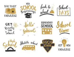Back to School Calligraphic Letterings Set. Typographic Design. Calligraphy Lettering with School Elements sketch doodles. Hand Drawn Vector illustration