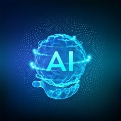 AI. Artificial Intelligence Logo in hand. Artificial Intelligence and Machine Learning Concept. Sphere grid wave with binary code. Big data innovation technology. Neural networks. Vector illustration.