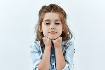 Tired,boredom and exhausted emotion. Little girl portrait against white background