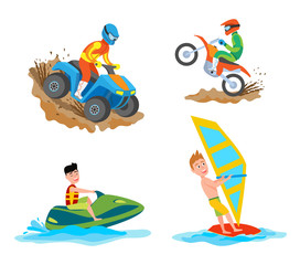 People with hobbies vector, isolated man on bike, motorbike riding, person wearing special uniform. Water extreme sports, windsurfing and sailing © robu_s