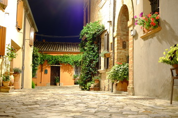 Fototapeta na wymiar Santarcangelo di Romagna. Vista notturna di un vicolo medievale in centro Italia. Muro scrostato