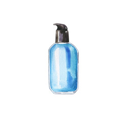 Decorative blue bottle with soap or cosmetics isolated on white background. Hand drawn watercolor illustration. - 276520504