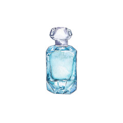 Blue perfume bottle with glass cap isolated on white background. Hand drawn watercolor illustration.