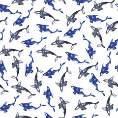 Fototapeta na wymiar Seamless pattern with blue and grey dolphins on white background. Hand drawn watercolor illustration.