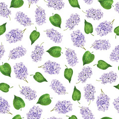 Seamless pattern with fresh spring lilac flowers and green leaves on white background. Hand drawn watercolor illustration.