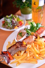 Close up of BBQ and French fries; Haydnbrau;Vienna;Austria