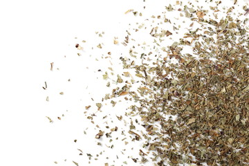 Basil dried spice isolated on white background and texture, top view