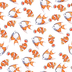 Behang Goudvis Naadloze patroon met oranje en grijze vis op witte achtergrond. Hand getekende aquarel illustratie.
