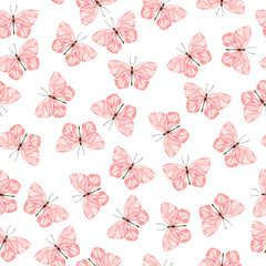 Seamless pattern with pastel pink butterflies on white background. Hand drawn watercolor illustration.