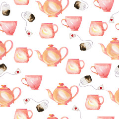 Seamless pattern with pink teapots and teacups and tea bags on white background. Hand drawn watercolor illustration.