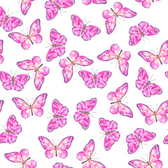 Seamless pattern with bright pink butterflies on white background. Hand drawn watercolor illustration.