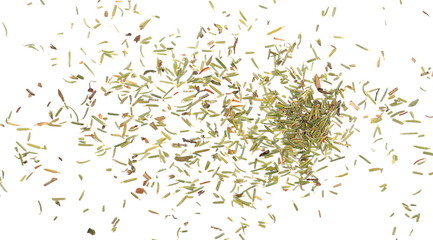 Dry thyme, chopped breckland isolated on white background, top view 