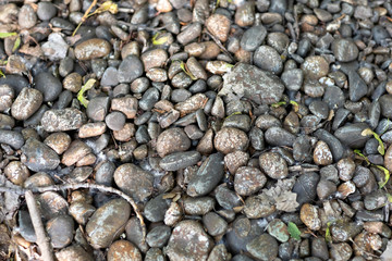 Round brown stones on the bottom of a dried-up creek in the city park.