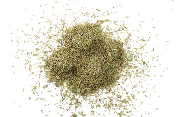 Dry thyme, chopped breckland isolated on white background, top view 