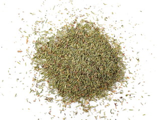 Dry thyme, chopped breckland isolated on white background, top view 