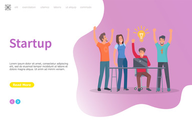 Startup new idea concerning business vector. Businessman sitting by table with laptop, looking at screen, IT development success and achievement. Website or webpage for start up, landing page flat