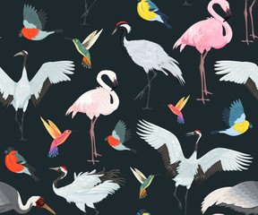 Obraz premium Seamless pattern with birds. Flamingos, cranes, hummingbirds, chickadees and bullfinches