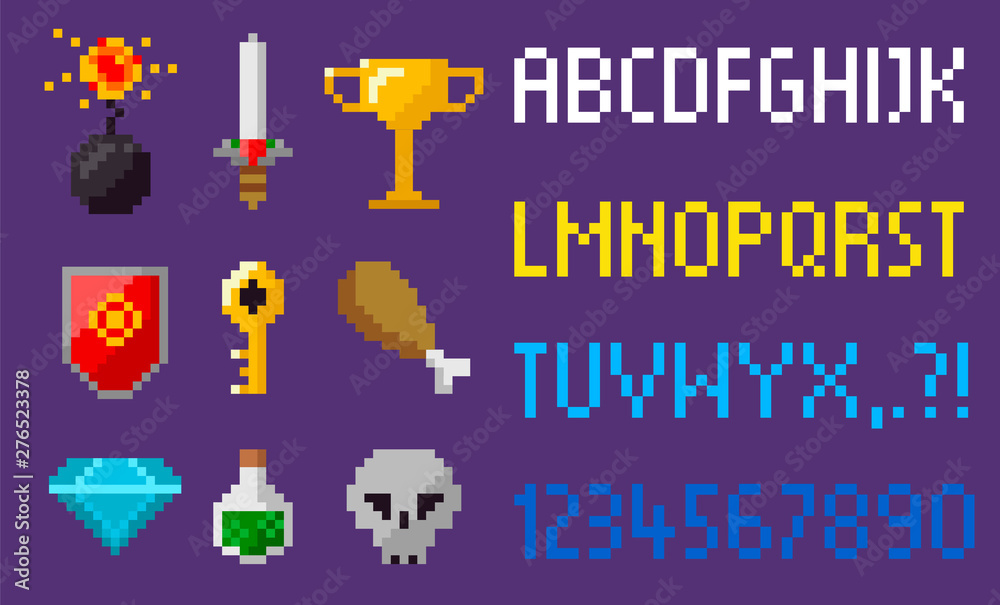 Fototapete pixel game icons and alphabet vector, sword and elixir in glass. skull and diamond brilliant and chi