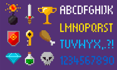 Pixel game icons and alphabet vector, sword and elixir in glass. Skull and diamond brilliant and chicken, key and bomb, shield and key trophy award, pixelated 8 bit objects