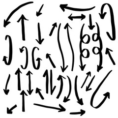 The collection of hand drawn arrows. Arrows set on the white background. Vector EPS 10.