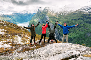 four funny friends over the Norwegian Fjord