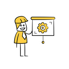 engineer presents gear icon stick figure yellow theme