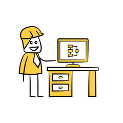 engineer and desktop on table icon stick figure yellow theme