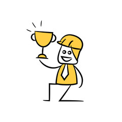 engineer worker showing trophy icon stick figure yellow theme