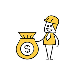 engineer and money sack icon stick figure yellow theme